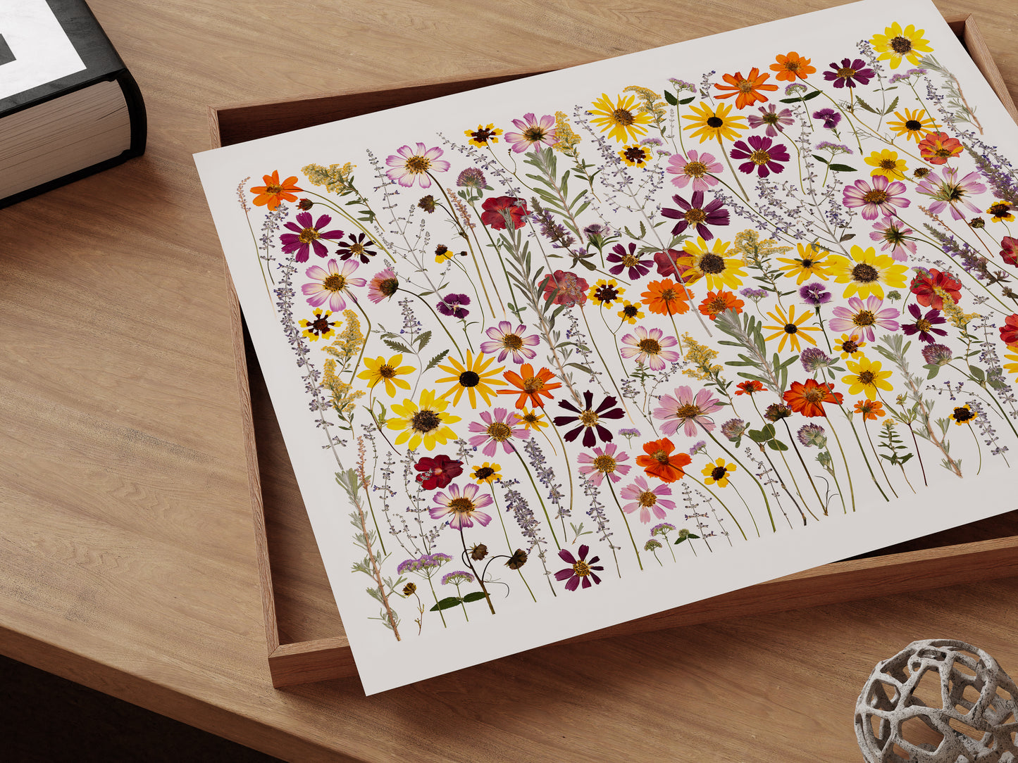 Pressed botanical wildflower art print on desk