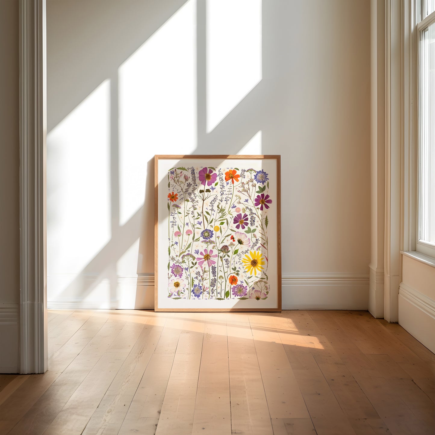 Framed pressed flower art on a wall with natural light
