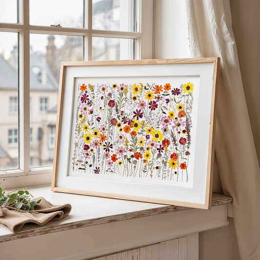 Framed pressed floral art print framed on a windowsill with a view of buildings outside