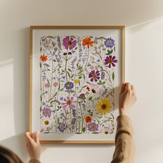 Person hanging a framed artwork of colorful flowers on a wall
