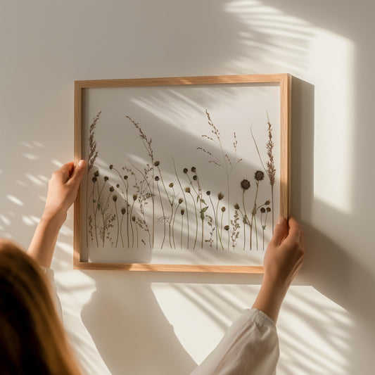 Person holding a framed art print of pressed tall grass flowers against a light wall.