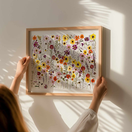 Framed pressed flower art called Wildflower Whimsy by Hope Steinle