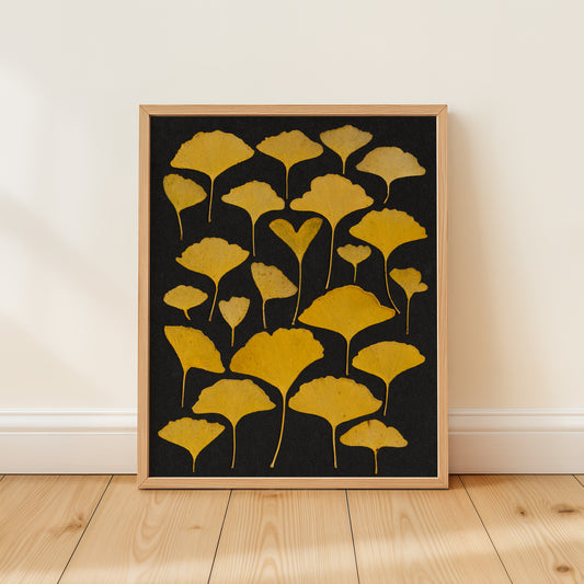 Framed artwork with pressed yellow ginkgo on a black background, displayed on a wooden floor.