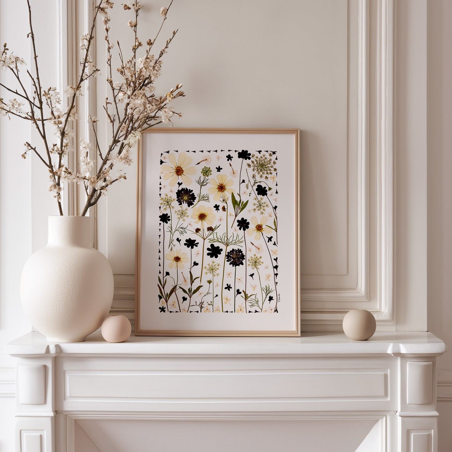 Framed pressed flower art print cosmos black and white queen anne's lace botanical floral fine art print on fireplace mantle