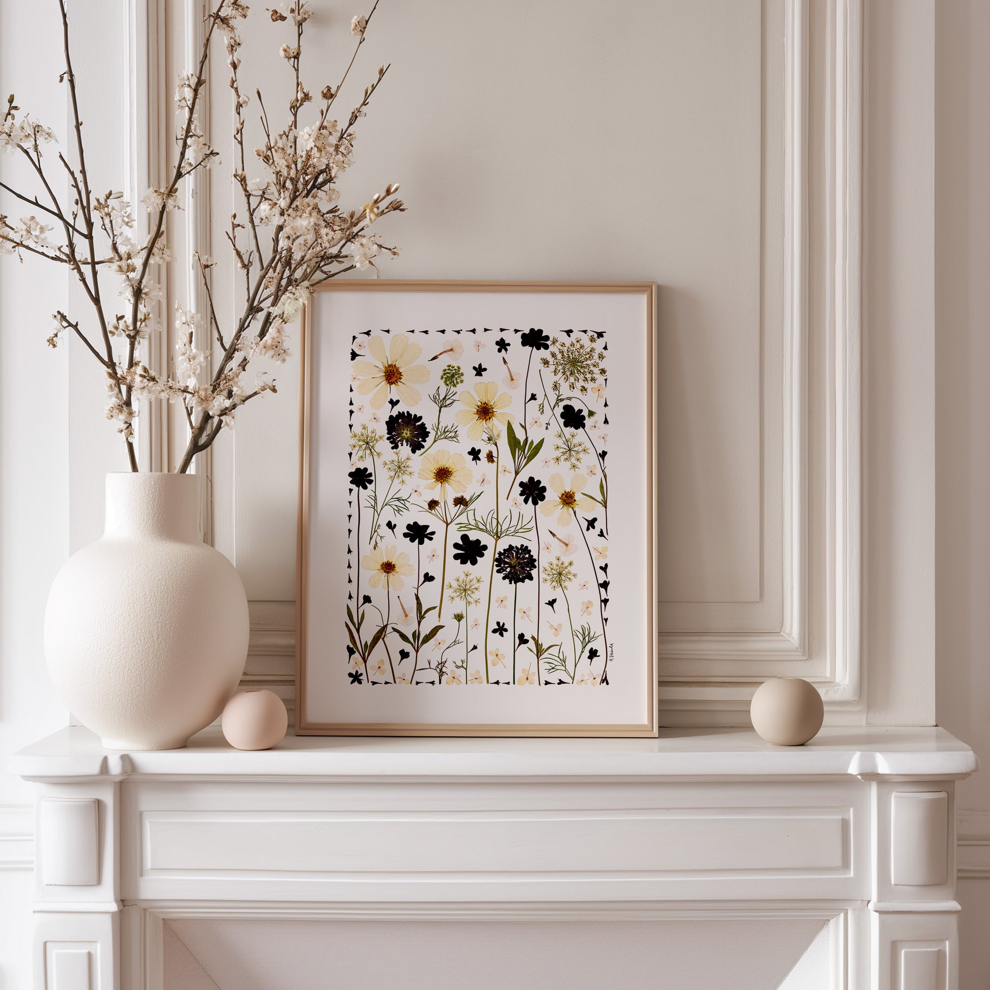 Framed pressed flower art print cosmos black and white queen anne's lace botanical floral fine art print on fireplace mantle