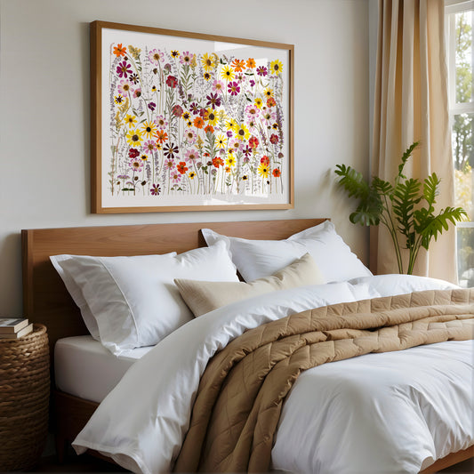 Bedroom with wooden headboard, white bedding, and pressed flower artwork on wall.