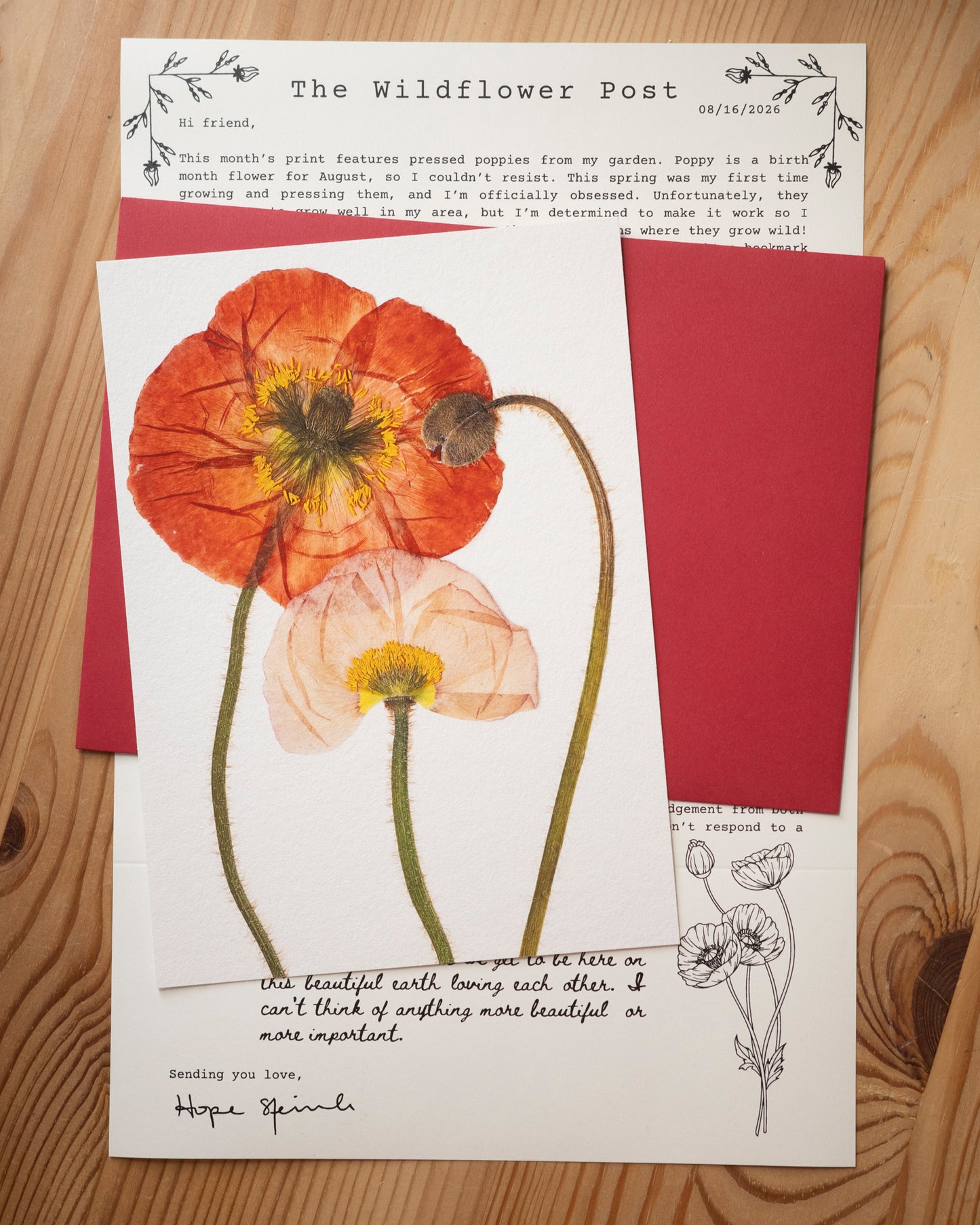 Pressed flower poppy print on desk with red envelope and letter behind it.