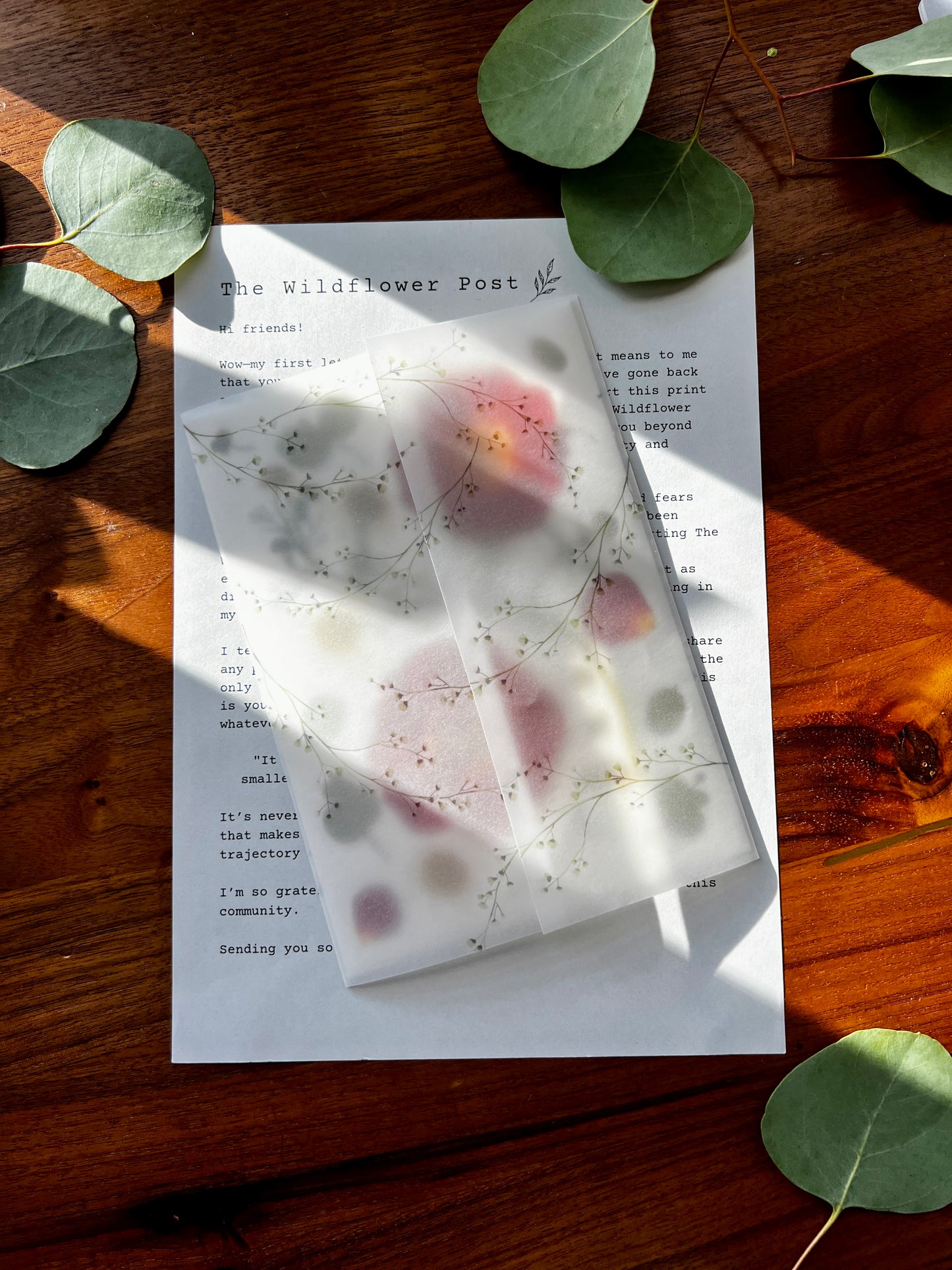 Art print in vellum jacket and letter on desk for monthly snail mail art print club.