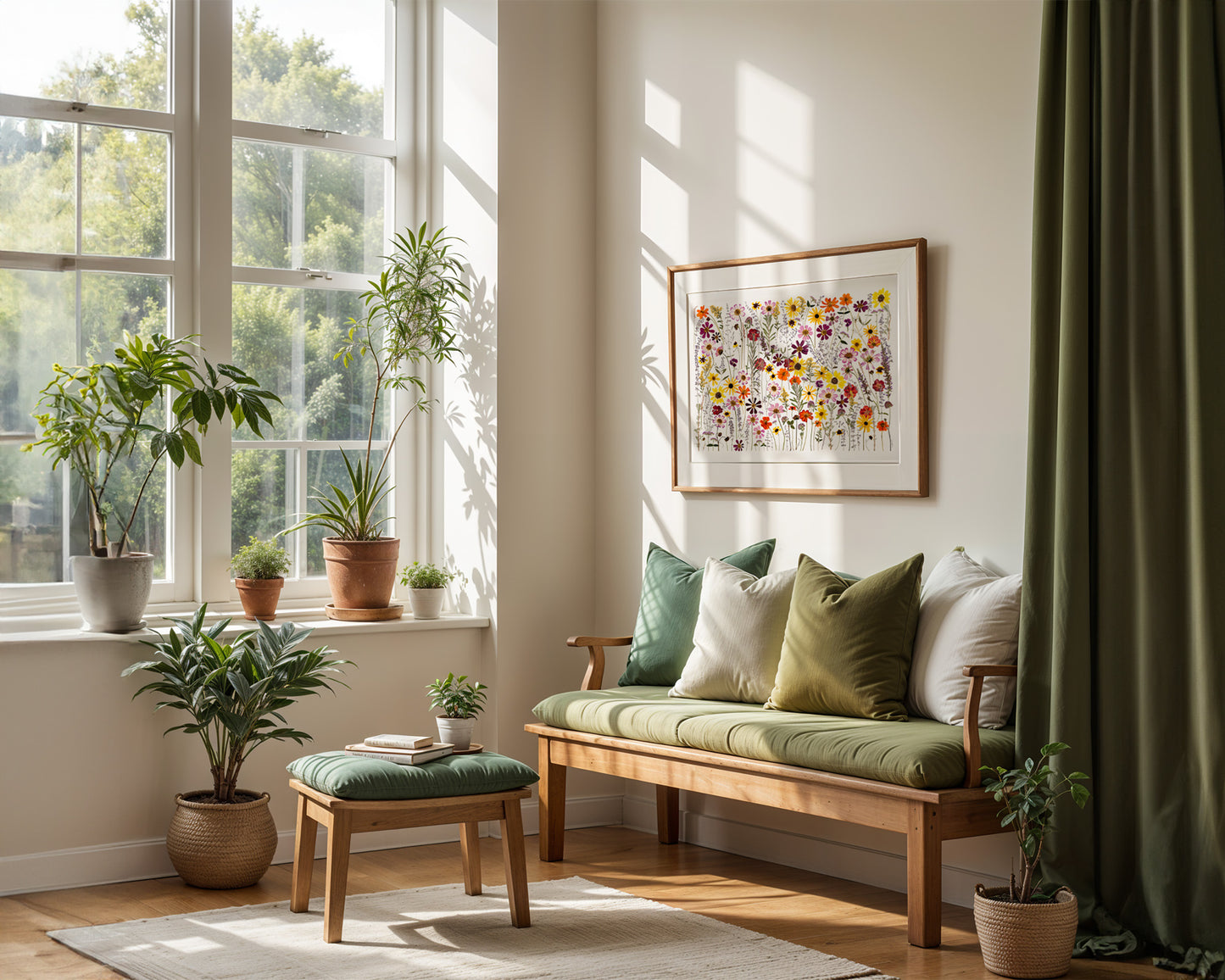 Living room with wooden bench, cushions, and plants near a window and a large pressed flower art print framed called Wildflower Whimsy.