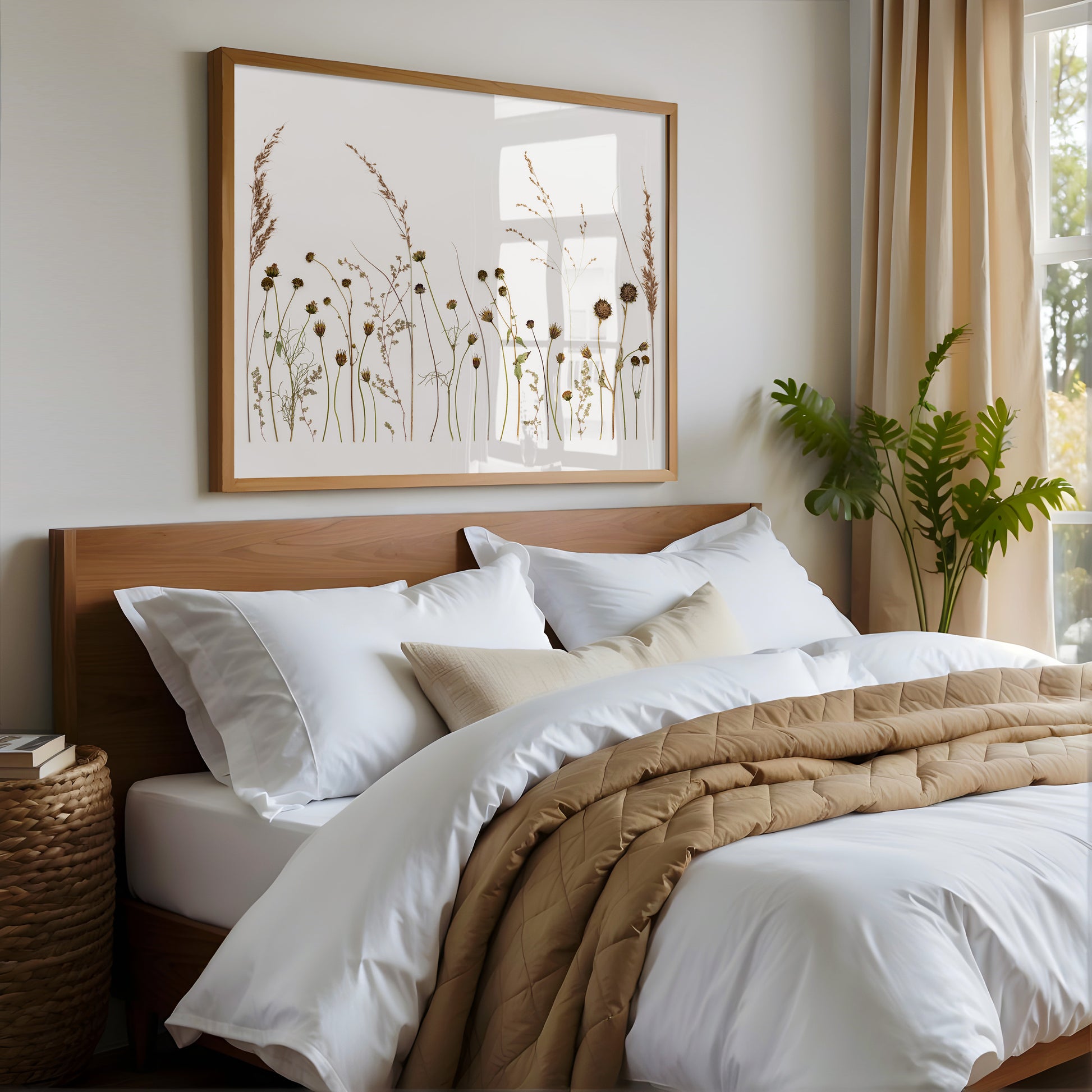 Framed pressed wildflower and tall grasses framed above a bed.