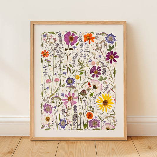 Framed artwork of colorful pressed floral design on a white wall.