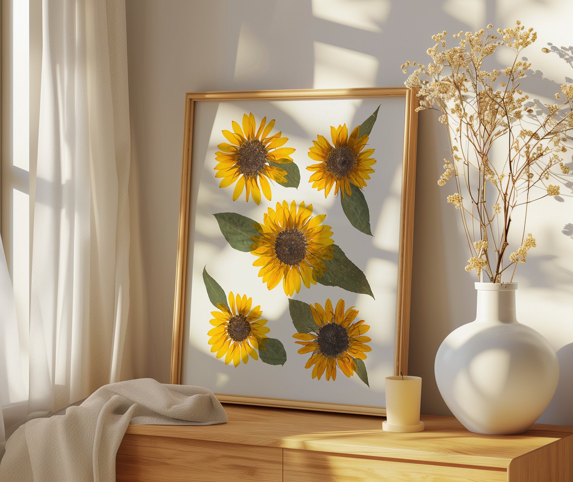 Framed artwork of pressed yellow sunflowers in bedroom.