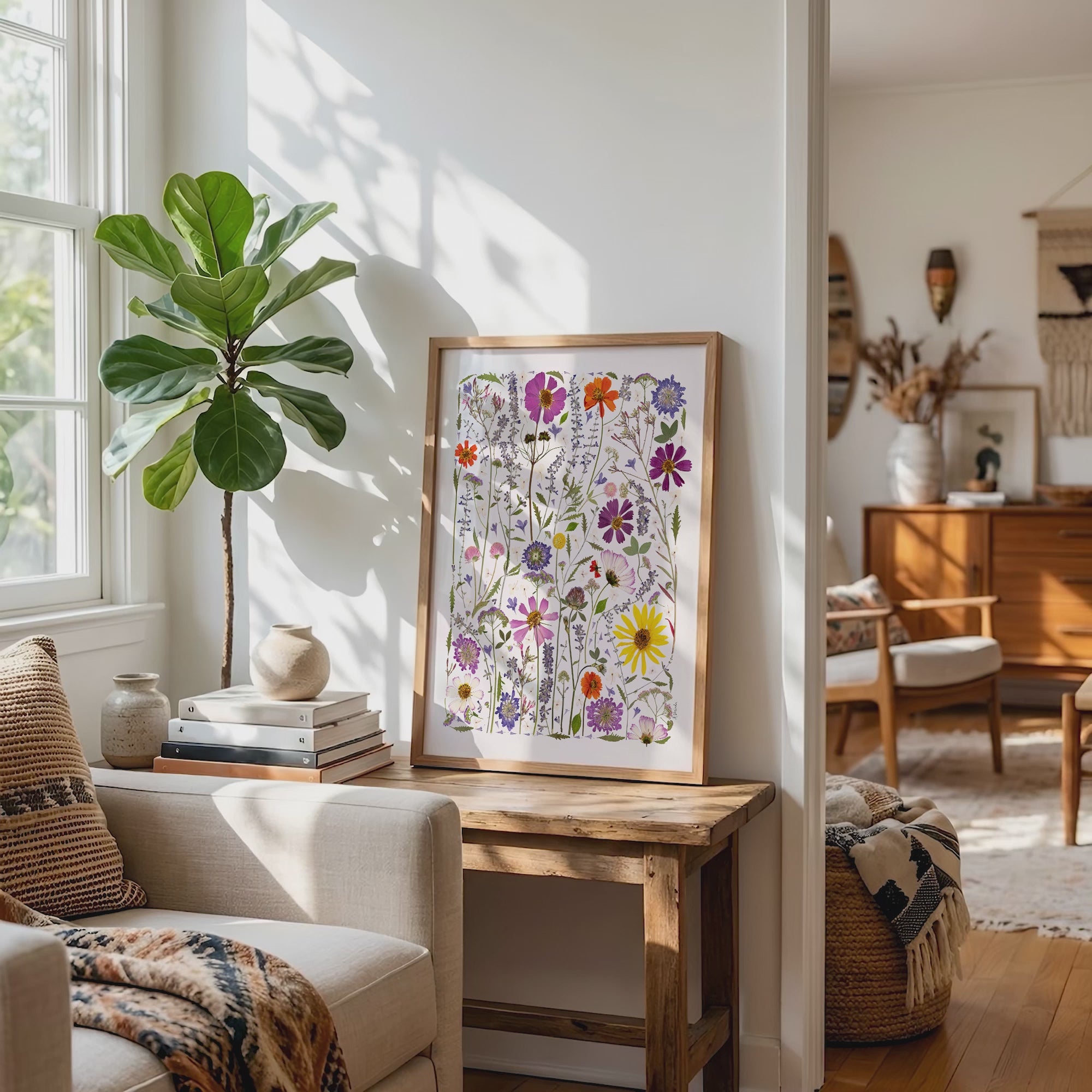 Video of Framed art print of pressed flower collage, Serenity Blooms, in a living room setting.